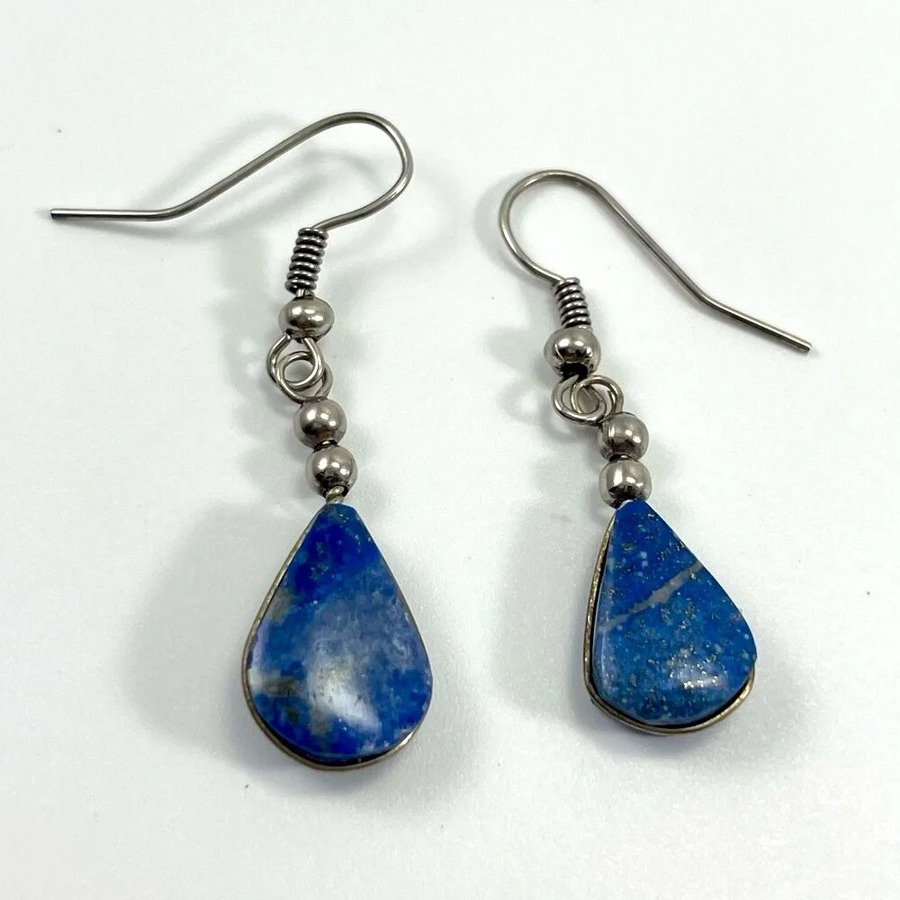 Lapis Lazuli Stone Silver Tone Hook Setting Earrings Dangle Minimalist Boho